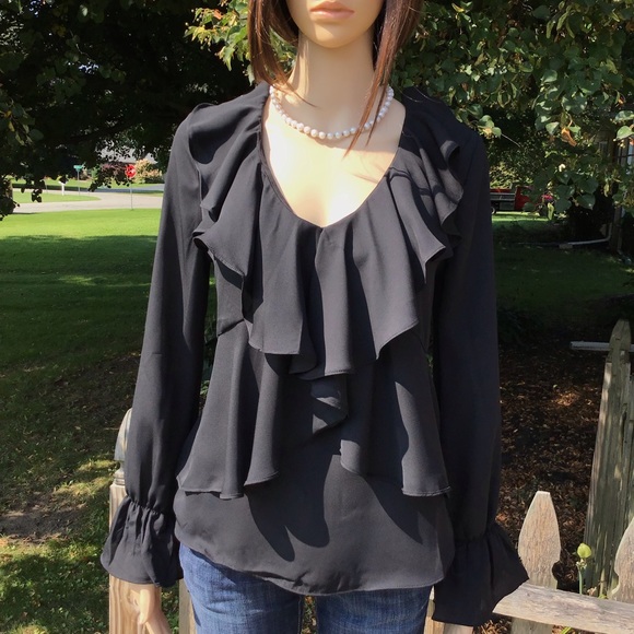 VINTAGE LOOKING  BLACK WATERFALL RUFFLE BLOUSE - Picture 6 of 8